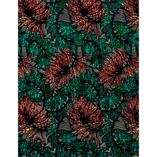 African Print Fabric/ Ankara - Blue, Green, Brown ‘Forest Crown' Design, 1 YARD