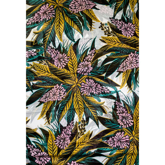 African Print, Chiffon Fabric- Pink, Teal, Black, Gold "Views from Nungwi Beach", ~ 2 Yards