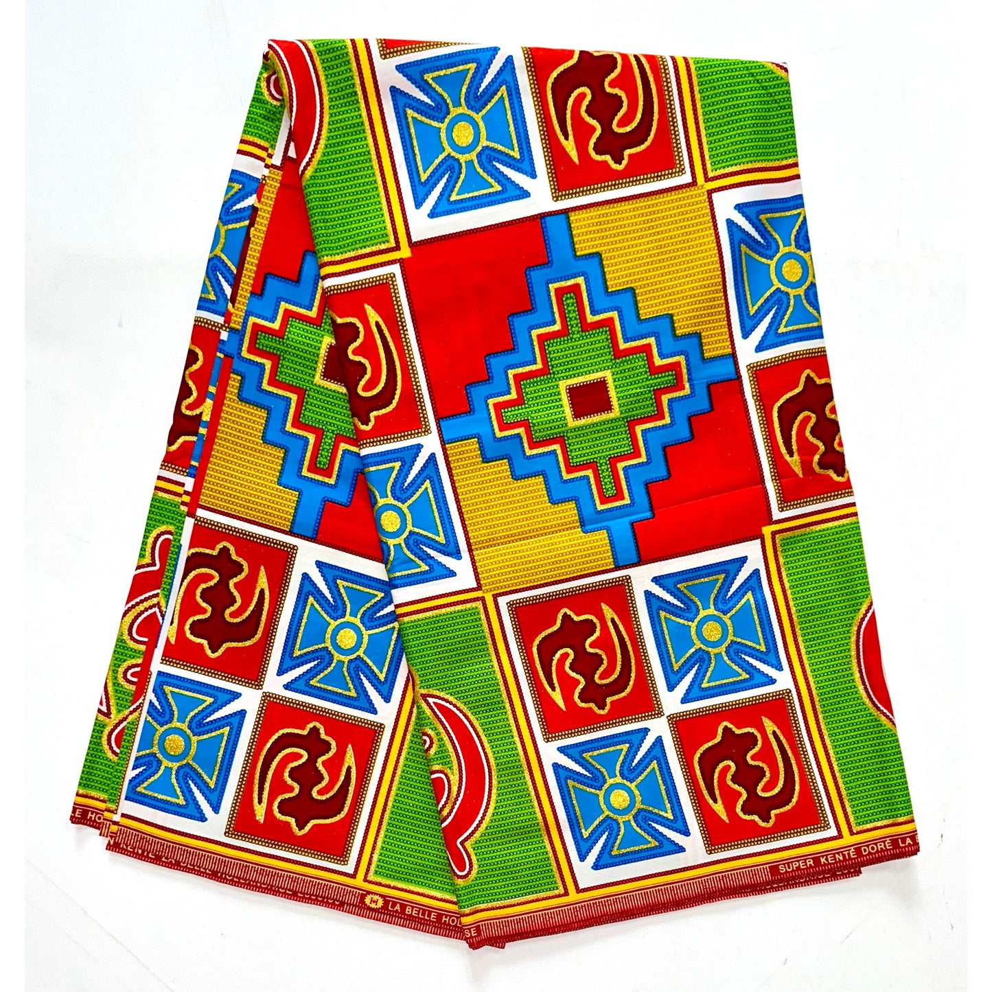 African Print Fabric/ Ankara - Red, Blue, Green, Yellow, Shimmery Gold Glitter 'Tiri Ye’ Kente, YARD or WHOLESALE