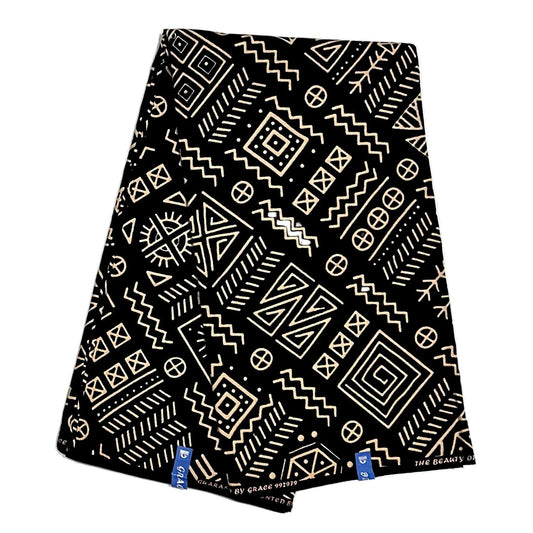 African Print Fabric/ Ankara - Black, Beige 'Love Letters & Palm Wine’, YARD or WHOLESALE