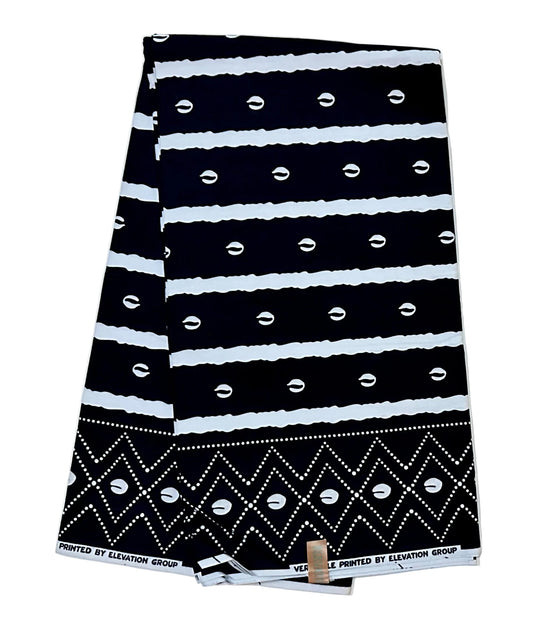 African Print Fabric/ Ankara - Black, White 'Shells & Stripes' Design, YARD or WHOLESALE