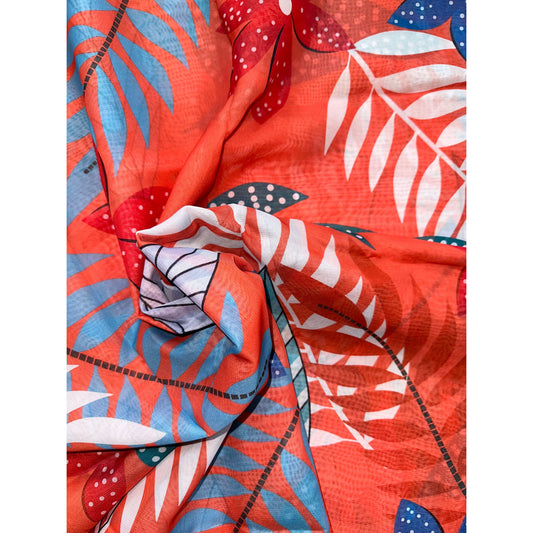 African Print, Chiffon Fabric - Dark Salmon, Teal, Blue, White "Athilah’s Garden", ~2 Yards