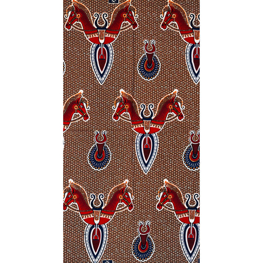 African Print Fabric/ Ankara - Red, Orange, Black 'Ceremonial Riders' Design, 2/3rd Yard