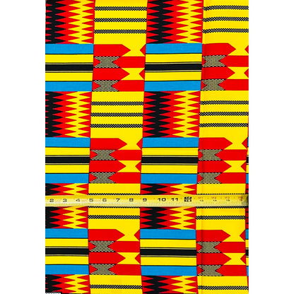 African Print Fabric/Ankara - Red, Yellow, Blue "Asanteman Grid" Kente, 1 Yard