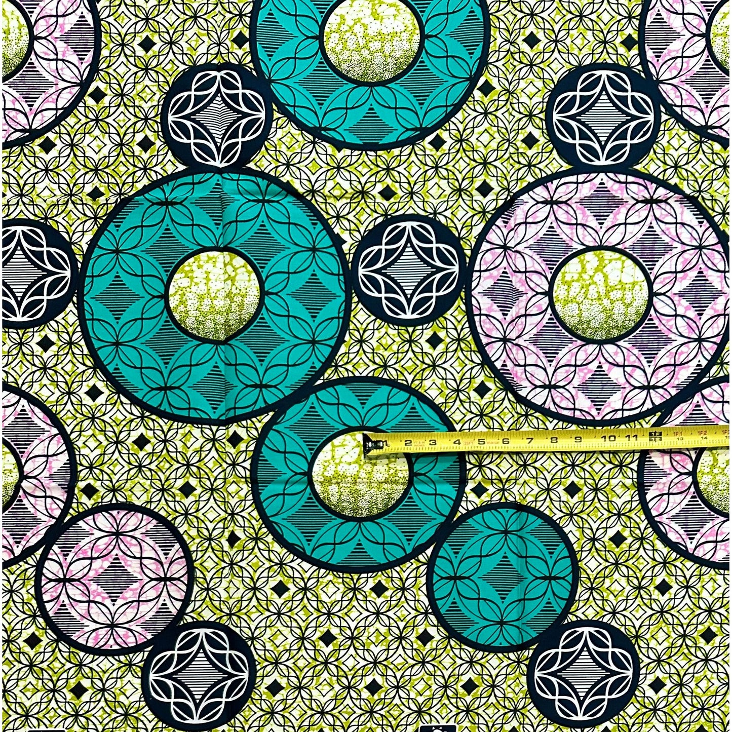 African Print Fabric/ Ankara - Green, Teal, Pink 'Life in Circles', YARD or WHOLESALE