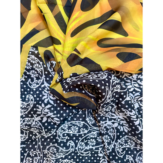 African Print, Chiffon Fabric- Black, White, Yellow, Gold "Swirl of Ibukun", ~ 2 Yards