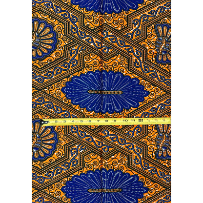African Print Fabric/ Ankara - Orange, Blue, ‘Who Know No Dey Lost' Design, 1 YARD