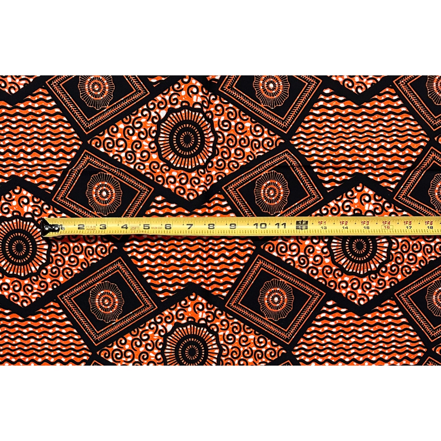 African Print Fabric/ Ankara - Orange, Black 'Ancestors’ Ledger' Design
