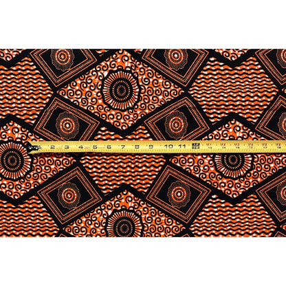 African Print Fabric/ Ankara - Orange, Black 'Ancestors’ Ledger' Design