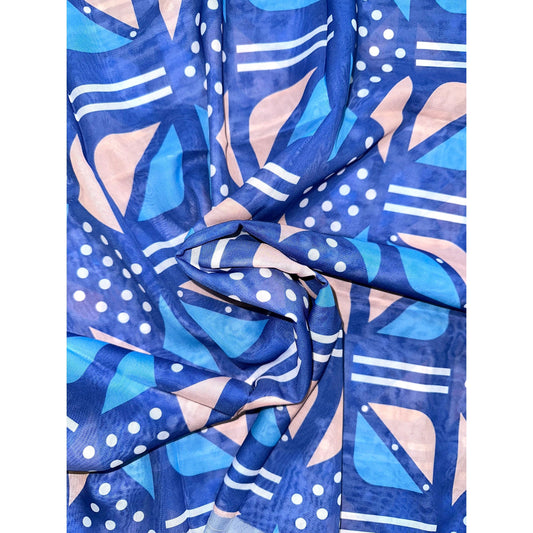 African Print, Chiffon Fabric - Blue, Beige, White "Nonye", ~2 Yards