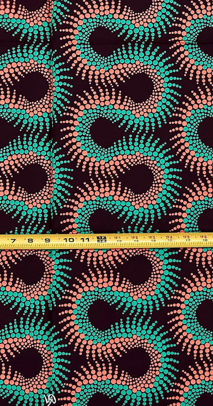 African Print Fabric/ Ankara - Green, Brown, Coral ‘Nok Twist' Design, YARD