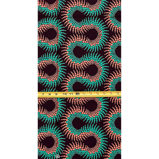 African Print Fabric/ Ankara - Green, Brown, Coral ‘Nok Twist' Design, YARD
