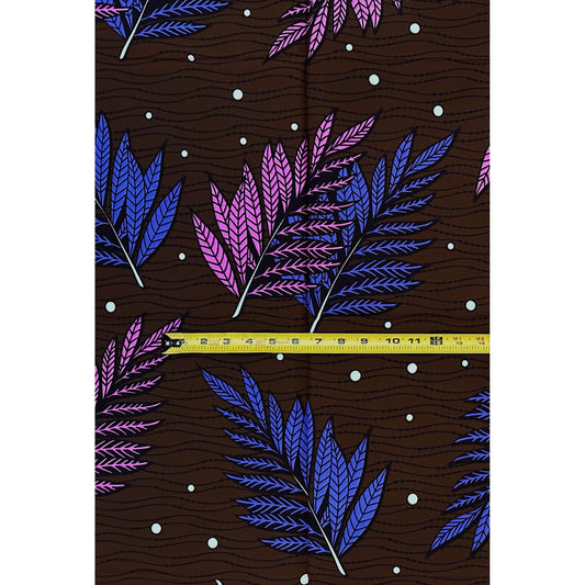 African Print Fabric/Ankara - Purple, Periwinkle, Brown “Okirikiri Leaves" Design, 1 Yard