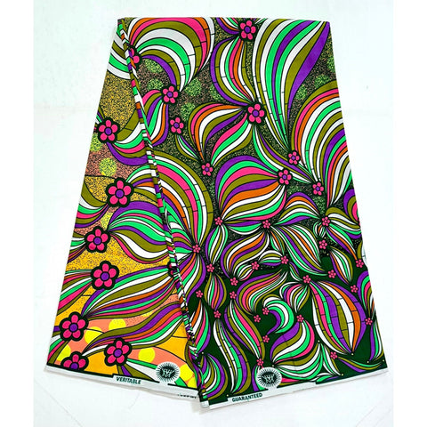 African Print Fabric/ Ankara - Green, Orange, Pink 'Sisi Eko' Design, YARD or WHOLESALE