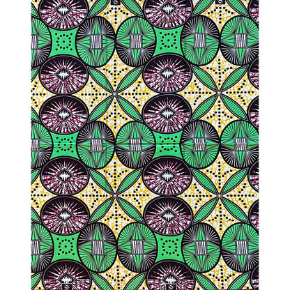 African Print Fabric/ Ankara - Green, Yellow, Magenta ‘Ilé Compass' Design, 1 YARD