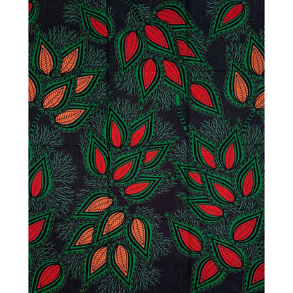African Print Fabric/ Ankara - Green, Red, Coral ‘Leafy Matter' Design, YARD