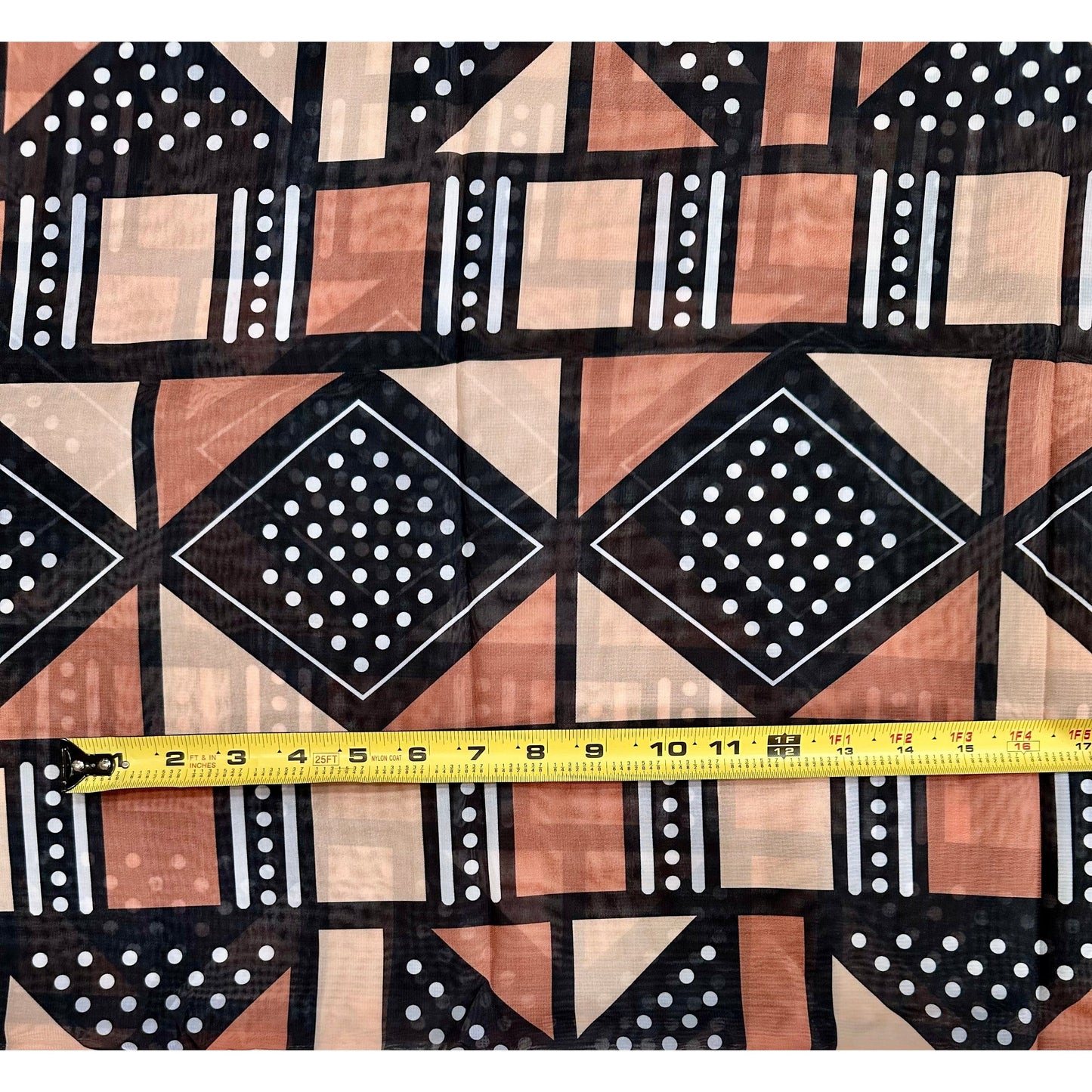 African Print, Chiffon Fabric - Black, Brown, Beige "Soro Soke", ~2 Yards