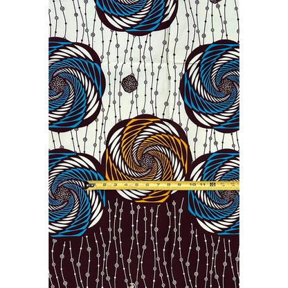 African Print Fabric/ Ankara - Cream, Blue, Brown 'Mzunguko Royale,’ 1 YARD