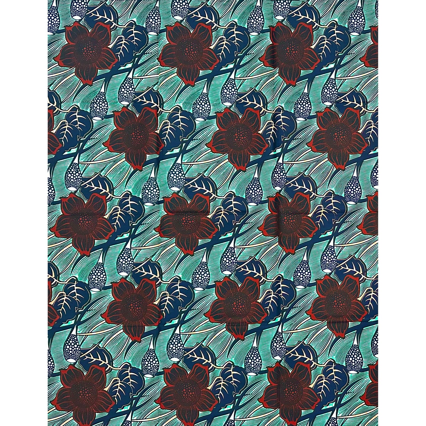 African Print Fabric/ Ankara - Green, Brown, Navy 'Harbor Garden', 1 YARD