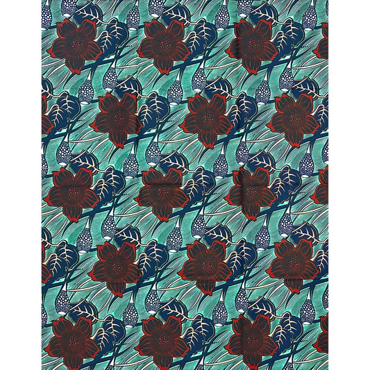 African Print Fabric/ Ankara - Green, Brown, Navy 'Harbor Garden', 1 YARD
