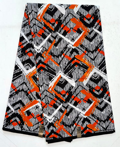 African Print Fabric/ Ankara - Black, Orange, White 'Labadi Chevron', YARD or WHOLESALE