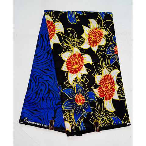 African Print Fabric/ Ankara - Blue, Black, Red, Yellow 'Farwa Remix' Design, YARD or WHOLESALE