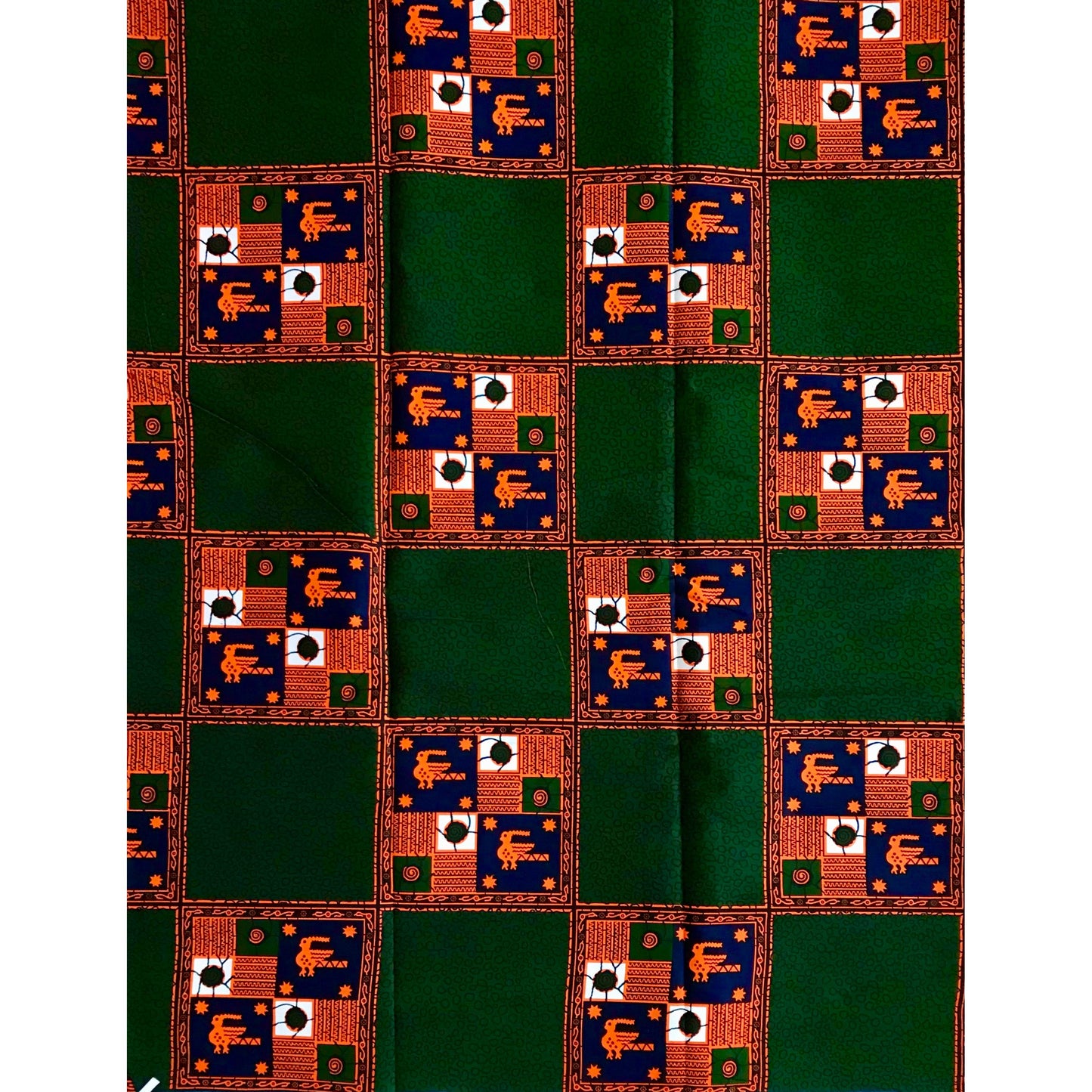 African Print Fabric/Ankara - Green, Orange, Navy 'Riddle of Wa' Design, YARD or WHOLESALE
