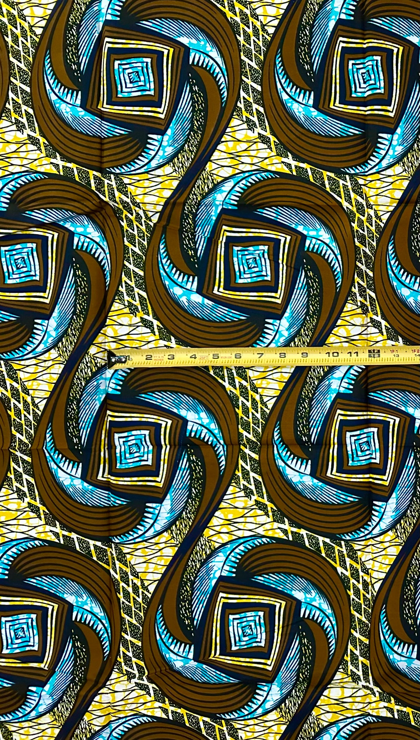 African Print Fabric/ Ankara - Brown, Yellow, Blue ‘Gullah Twist' Design, 1 YARD