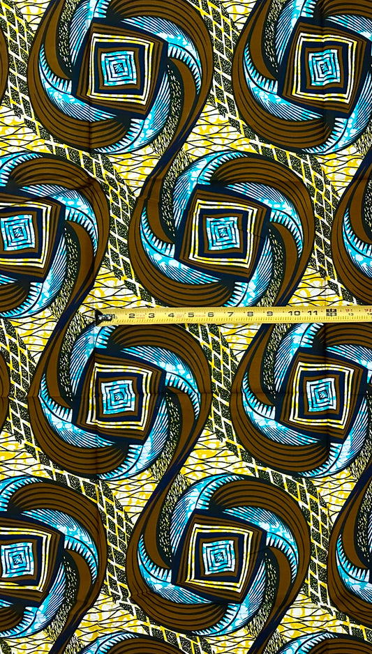 African Print Fabric/ Ankara - Brown, Yellow, Blue ‘Gullah Twist' Design, 1 YARD