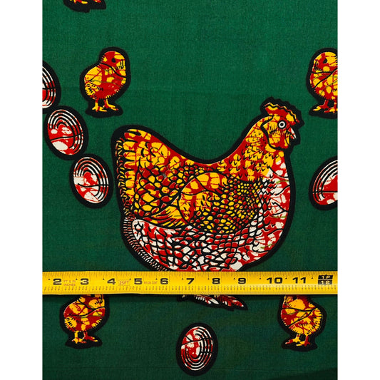 African Print Fabric/ Ankara - Green, Brown, Yellow 'Chicken or the Egg,’ 1 YARD