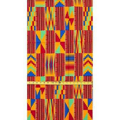 African Print Fabric/Ankara - Orange, Red, Blue, Green "Market Day in Kumasi" Kente, 1 Yard