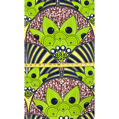 African Print Fabric/ Ankara - Green, Yellow, Brown 'Kumasi Crown' Design, 1 Yard