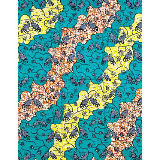 African Print Fabric/ Ankara - Teal, Yellow, Orange, Navy 'Under the Sea' Design, YARD or WHOLESALE