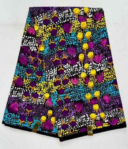 African Print Fabric/ Ankara - Purple, Blue, Yellow 'Rukiya' YARD or WHOLESALE