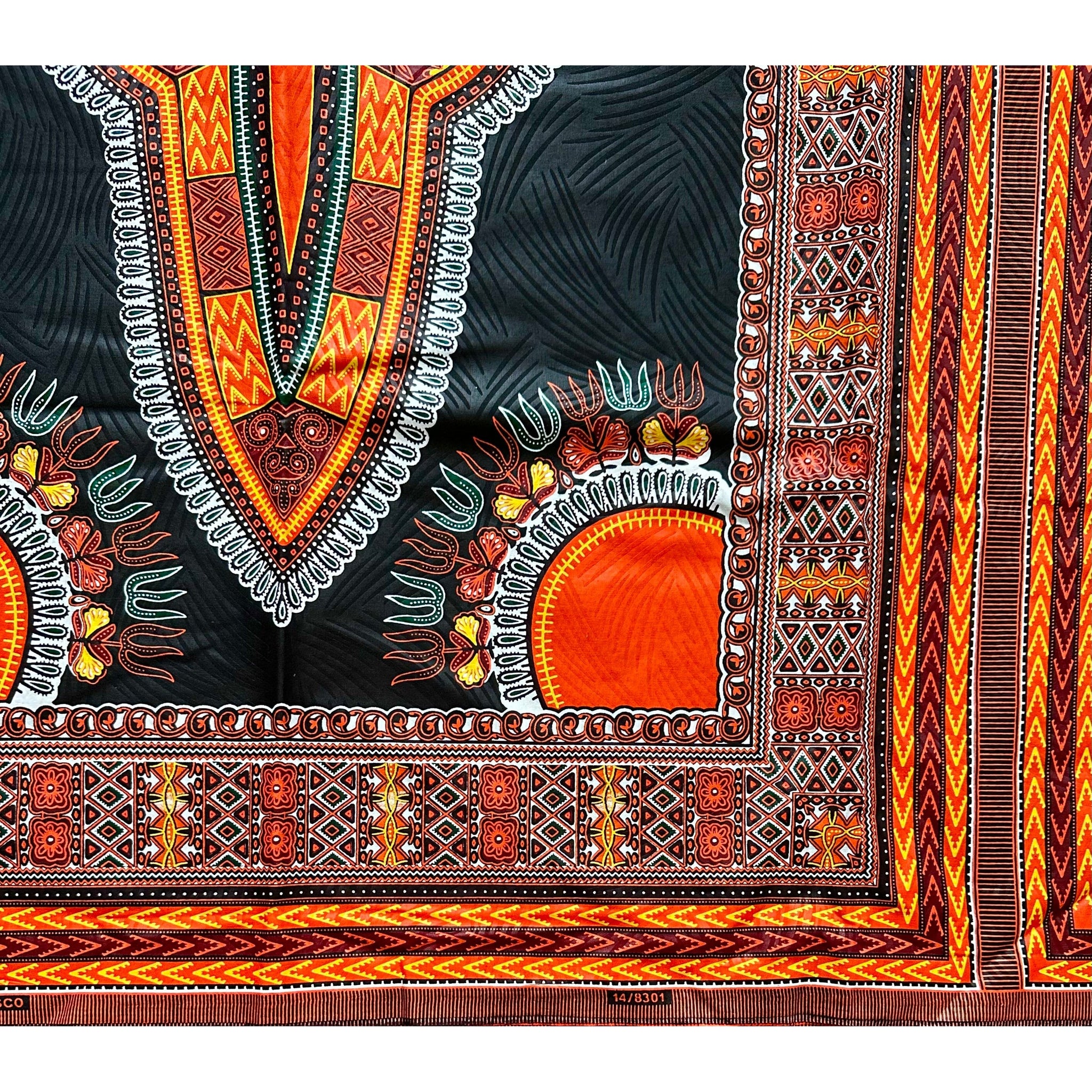 African Dashiki Print Fabric Ankara Black Orange Design