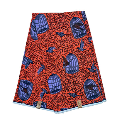 African Print Fabric/ Ankara - Orange, Purple, Navy 'I Know Why The Caged Bird Sings' Design, YARD or WHOLESALE