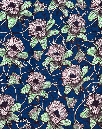 African Print Fabric/Ankara - Blue, Pink, Green ‘Abidjan Bloom', YARD or WHOLESALE