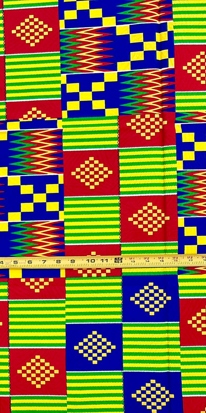 African Print Fabric/Ankara - Yellow, Red, Blue, Green "1865" Kente, 1 Yard