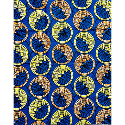 African Print Fabric/ Ankara - Blue, Yellow, Brown 'Visage' Design, YARD