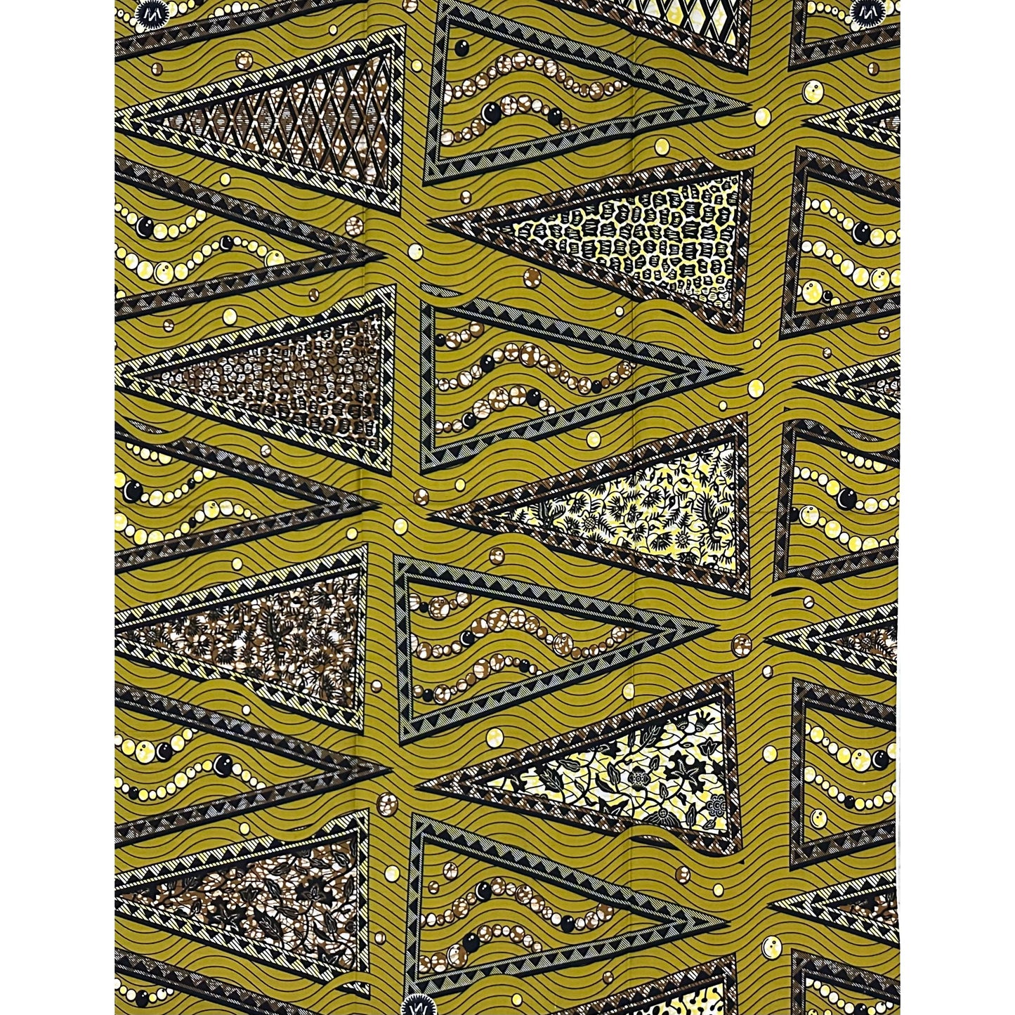 African Print Fabric/ Ankara - Green, Yellow, Brown 'Cross River Geometry' Design, 1 Yard