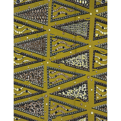 African Print Fabric/ Ankara - Green, Yellow, Brown 'Cross River Geometry' Design, 1 Yard