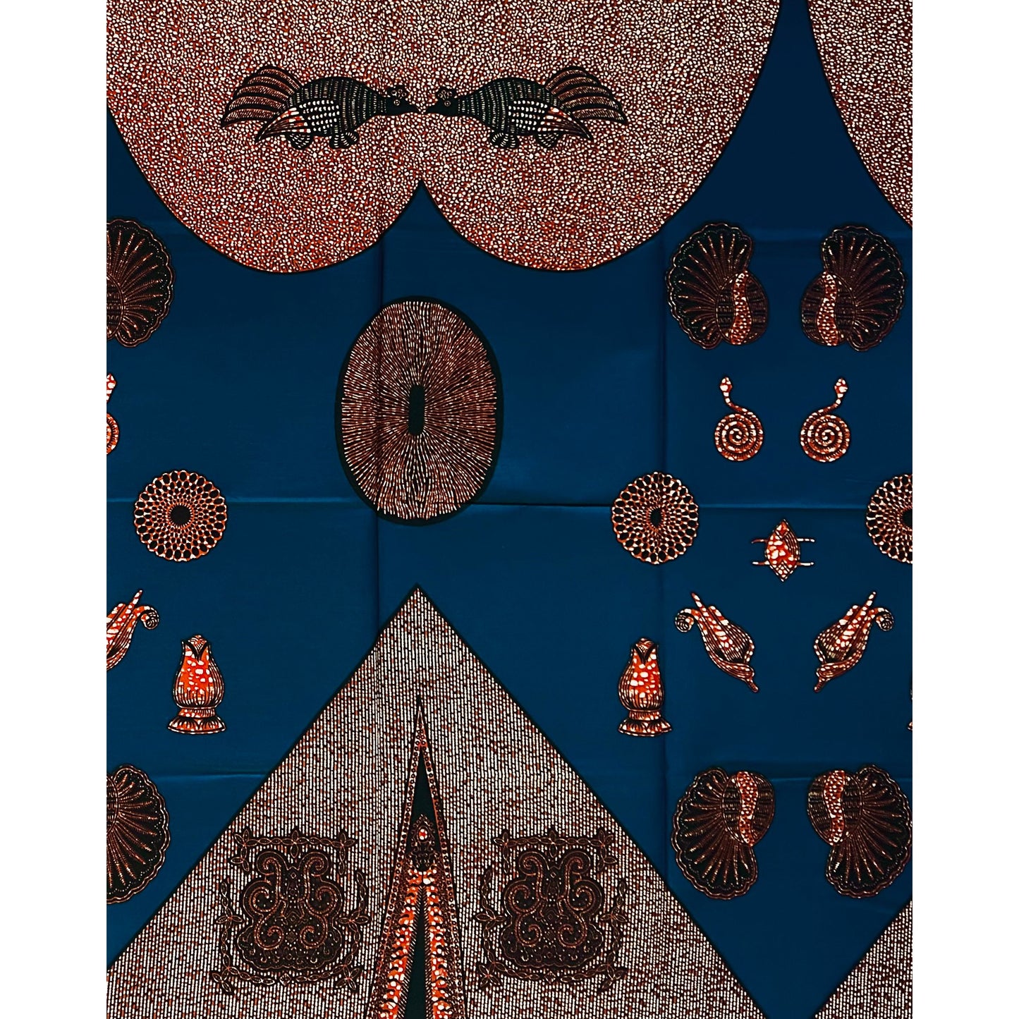 African Print Fabric/ Ankara - Blue, Brown ‘Ceremonial Markings' Design, 1 YARD