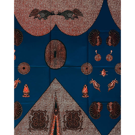 African Print Fabric/ Ankara - Blue, Brown ‘Ceremonial Markings' Design, 1 YARD