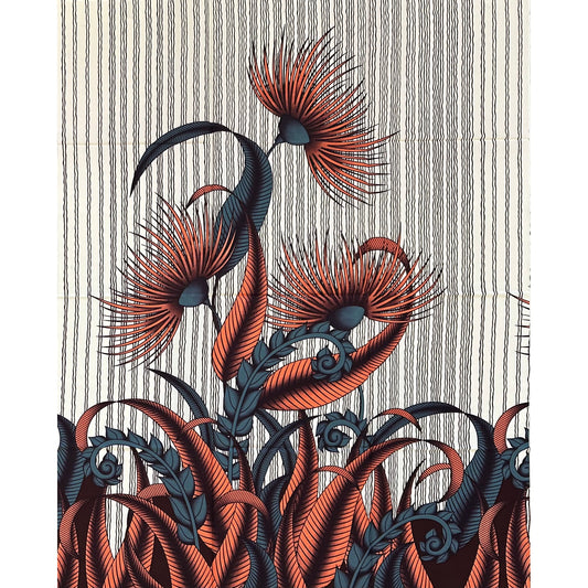 African Print Fabric/ Ankara - Beige, Coral, Gray, Brown ‘Botanical Thesis' Design, 1 YARD