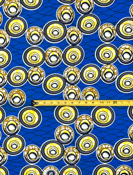 African Print Fabric/ Ankara - Blue, Yellow 'Money Moves in Circles', 1 YARD