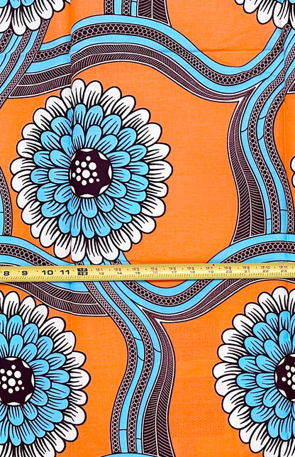 African Print Fabric/ Ankara - Peach, Blue, White, Brown ‘Dance Until Sunset' Design, 1 YARD