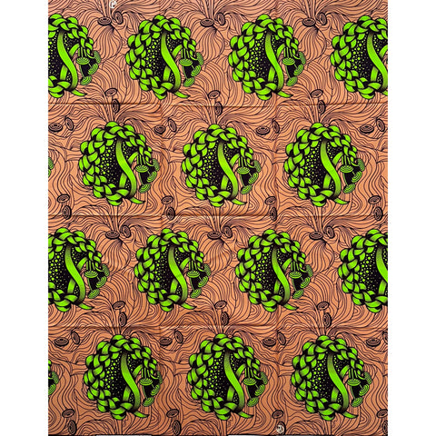 African Print Fabric/Ankara - Green, Shades of Brown "Uchenna Twist" Design, Yard