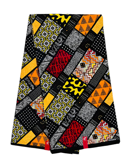 African Print Fabric/ Ankara - Red, Black, Yellow, Orange 'Omenala Code' Design, YARD or WHOLESALE