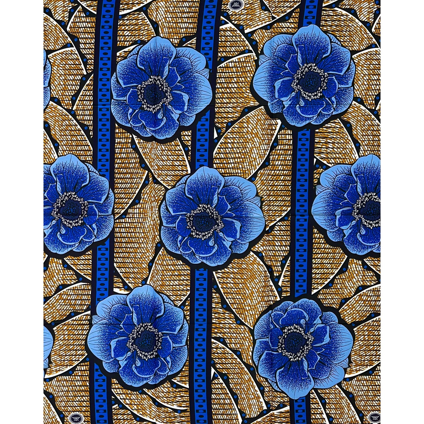 African Print Fabric/ Ankara - Blue, Brown, Black ‘Blue Adé Luxe' Design, 1 YARD