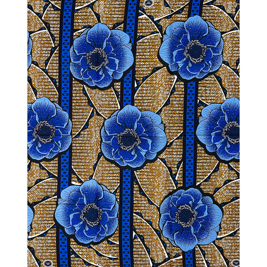 African Print Fabric/ Ankara - Blue, Brown, Black ‘Blue Adé Luxe' Design, 1 YARD